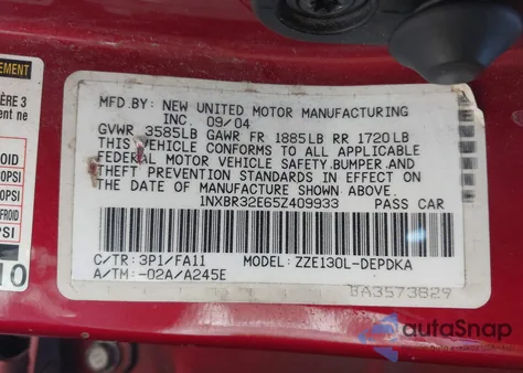 2005 Toyota Corolla Ce z USA, uszkodzony, nr VIN 1NXBR32E65Z409933